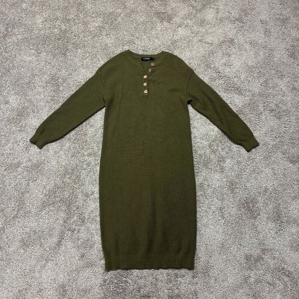 Merokeety Midi Sweater Dress M Olive Henley Button Knit Quiet Luxury Old Money
